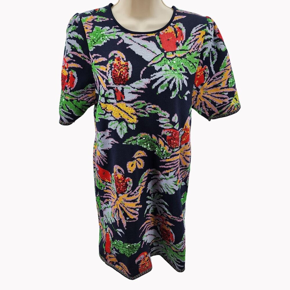 Zara Women’s Small Parrot Sequin Sweater Dress Tropical Multicolor Print